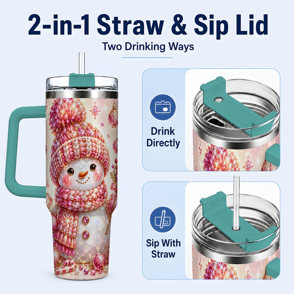 #pl[40oz|Green] Crystal Snowman 40oz Tumbler with Handle, Pink Holiday Art