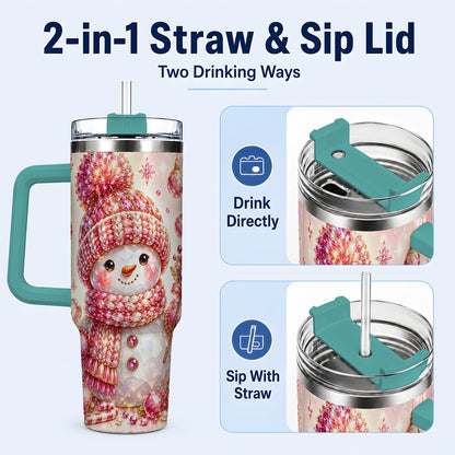 #pl[40oz|Green] Crystal Snowman 40oz Tumbler with Handle, Pink Holiday Art