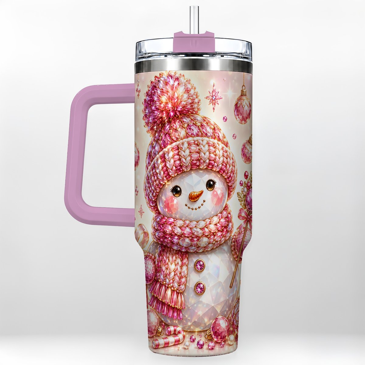 #pl[40oz|Pink] Crystal Snowman 40oz Tumbler with Handle, Pink Holiday Art