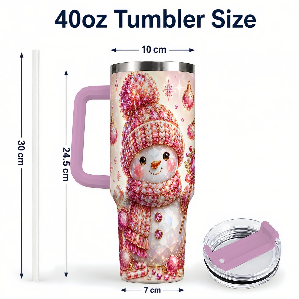 #pl[40oz|Pink] Crystal Snowman 40oz Tumbler with Handle, Pink Holiday Art