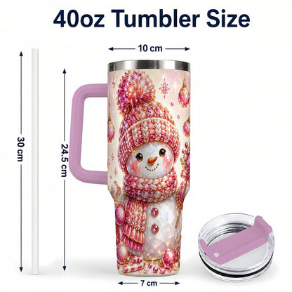 #pl[40oz|Pink] Crystal Snowman 40oz Tumbler with Handle, Pink Holiday Art