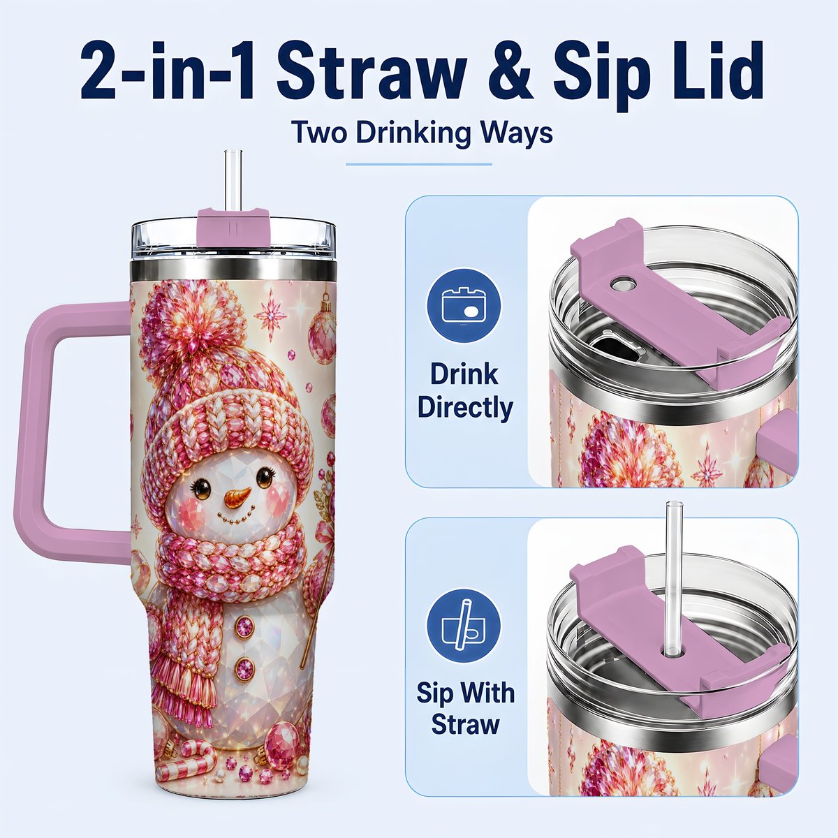 #pl[40oz|Pink] Crystal Snowman 40oz Tumbler with Handle, Pink Holiday Art
