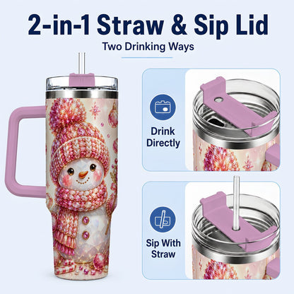 #pl[40oz|Pink] Crystal Snowman 40oz Tumbler with Handle, Pink Holiday Art
