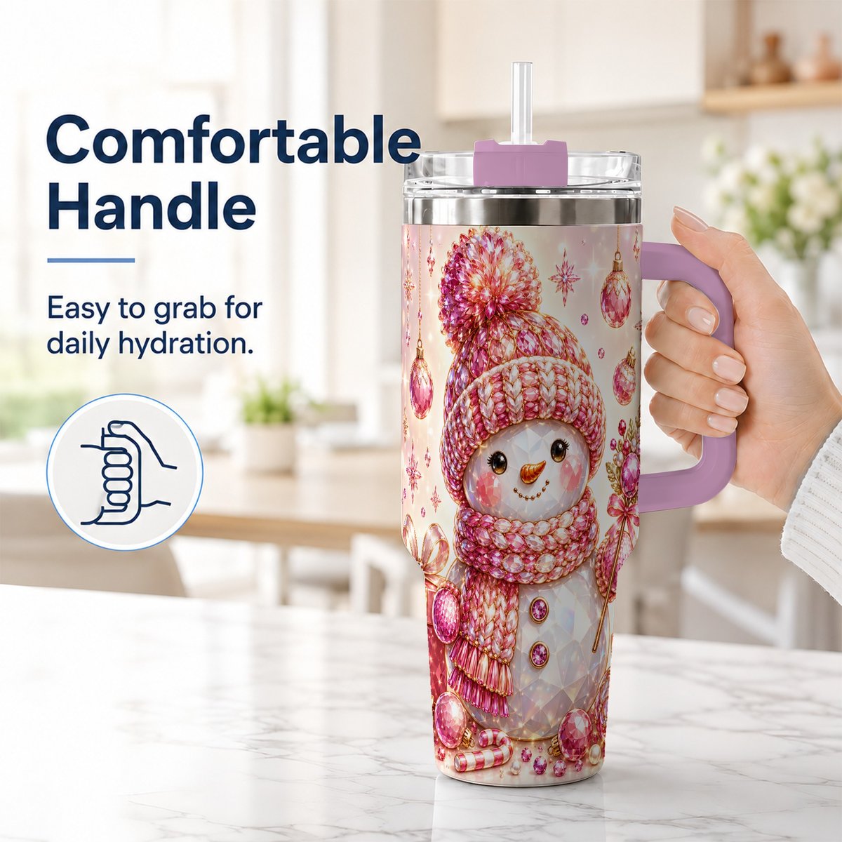 #pl[40oz|Pink] Crystal Snowman 40oz Tumbler with Handle, Pink Holiday Art