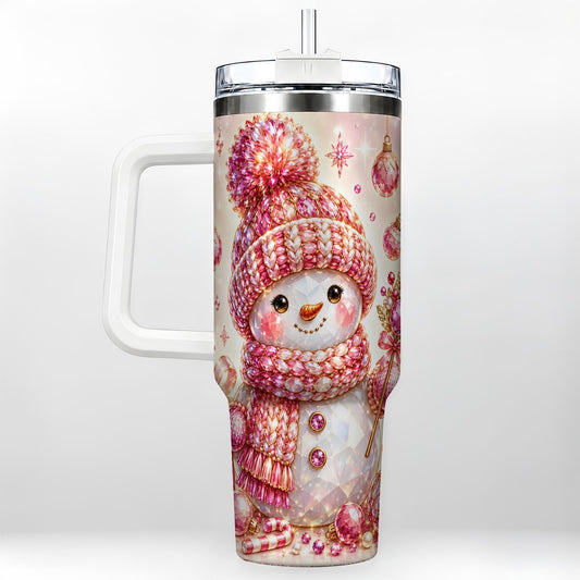 Crystal Snowman 40oz Tumbler with Handle, Pink Holiday Art