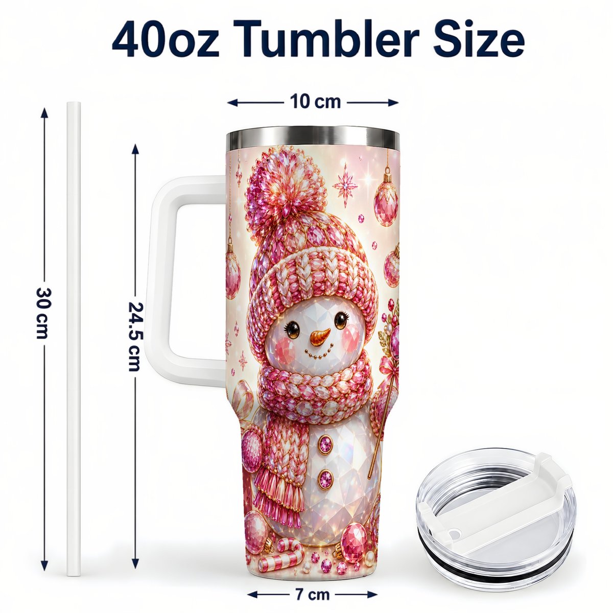 #pl[40oz|White] Crystal Snowman 40oz Tumbler with Handle, Pink Holiday Art