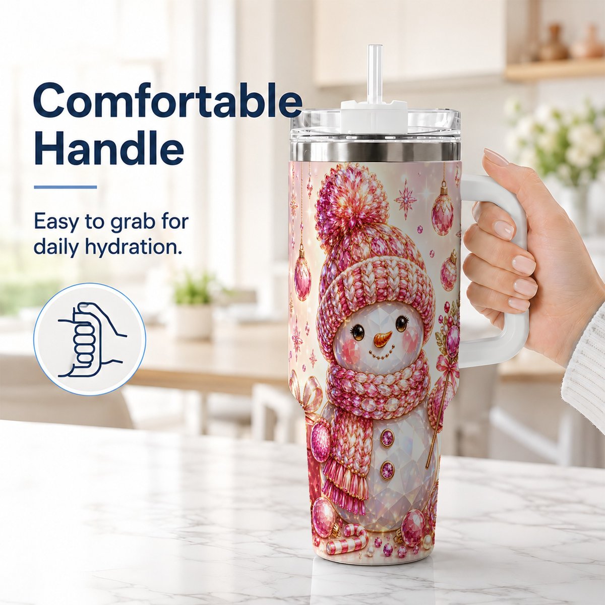 #pl[40oz|White] Crystal Snowman 40oz Tumbler with Handle, Pink Holiday Art