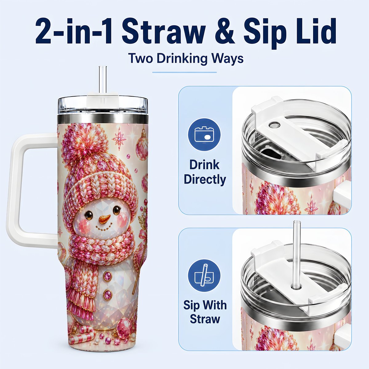 #pl[40oz|White] Crystal Snowman 40oz Tumbler with Handle, Pink Holiday Art