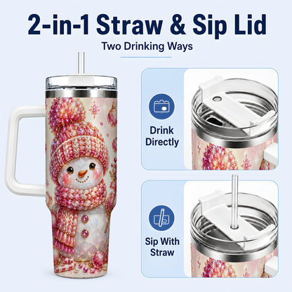 #pl[40oz|White] Crystal Snowman 40oz Tumbler with Handle, Pink Holiday Art