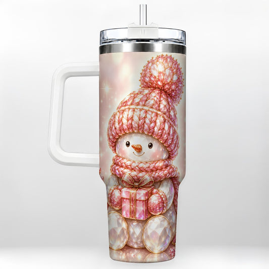 Pink Snowman 40oz Tumbler with Handle, Crystal Winter Art