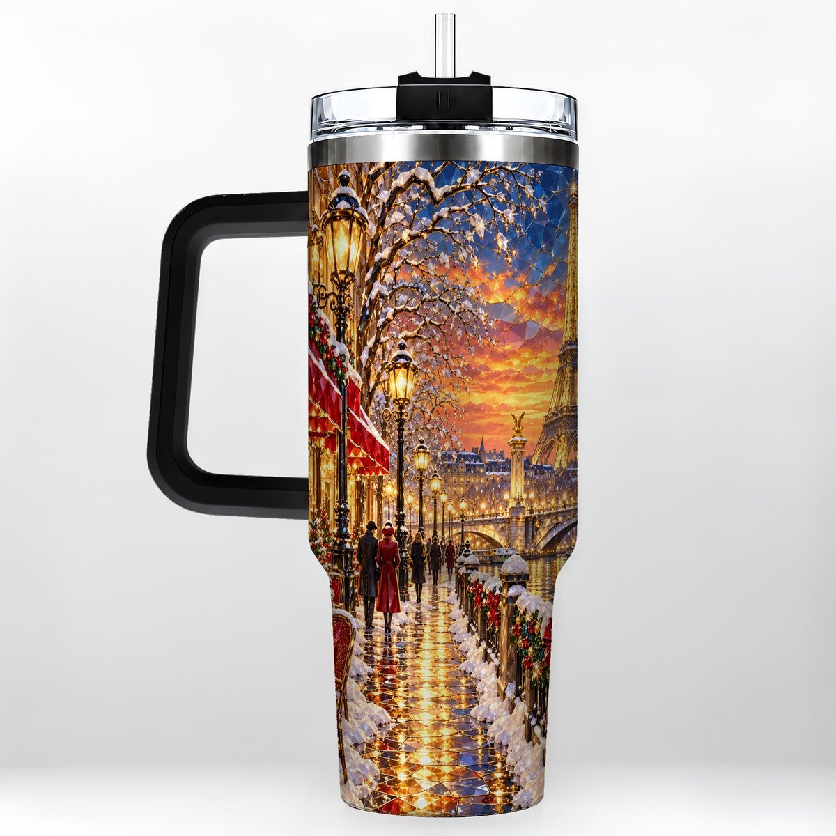 #pl[40oz|Black] Paris Christmas 40oz Tumbler with Handle, Winter Skyline Art