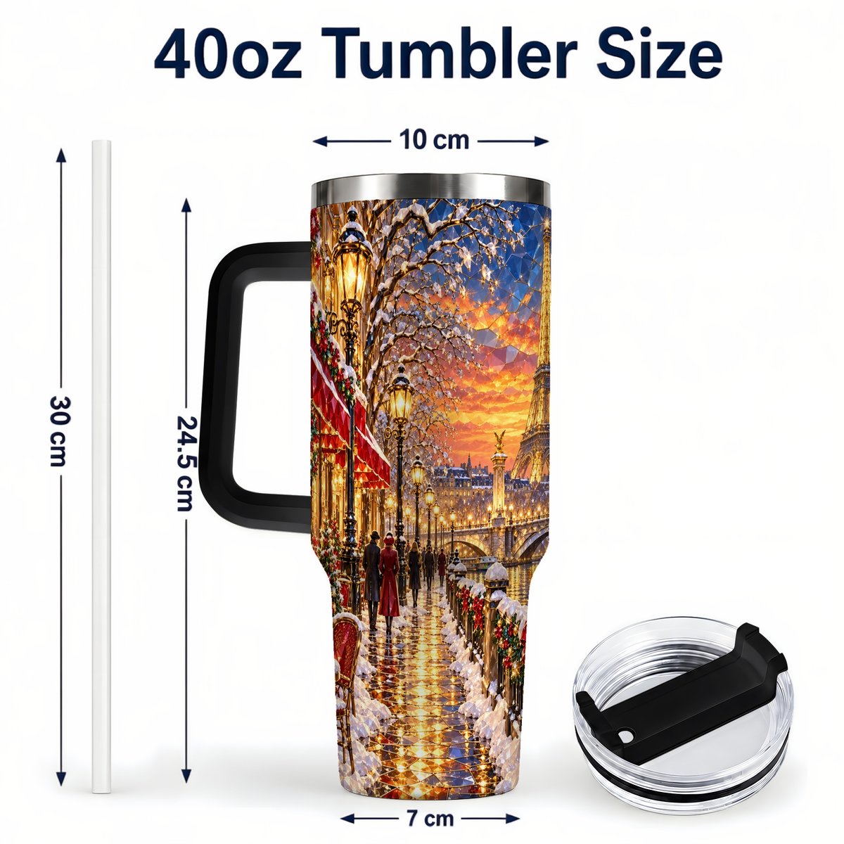 #pl[40oz|Black] Paris Christmas 40oz Tumbler with Handle, Winter Skyline Art