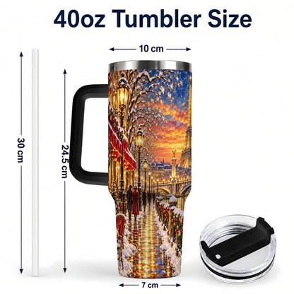 #pl[40oz|Black] Paris Christmas 40oz Tumbler with Handle, Winter Skyline Art