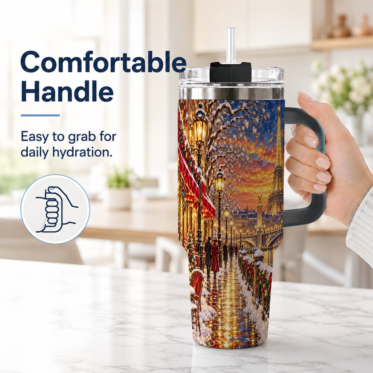 #pl[40oz|Black] Paris Christmas 40oz Tumbler with Handle, Winter Skyline Art