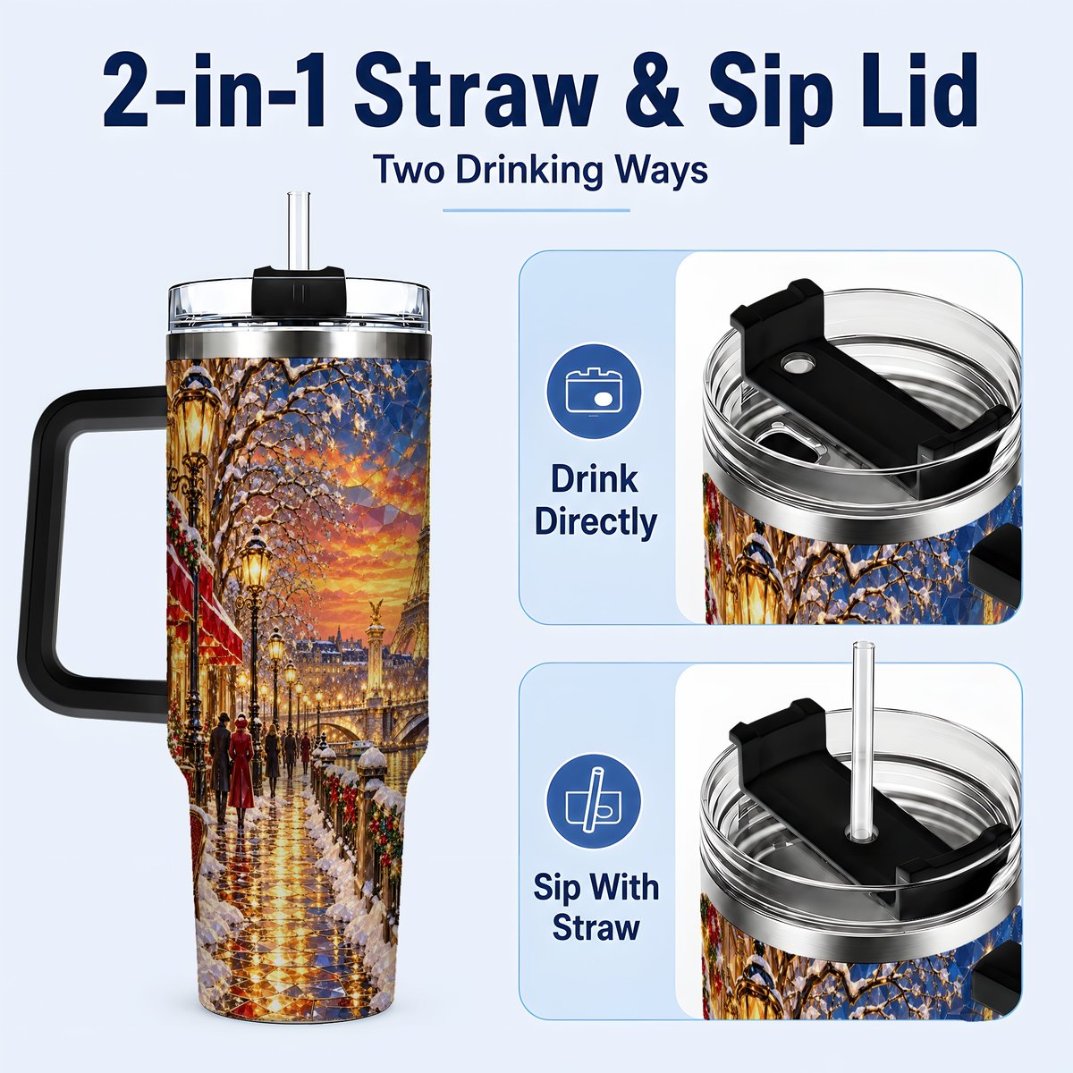 #pl[40oz|Black] Paris Christmas 40oz Tumbler with Handle, Winter Skyline Art