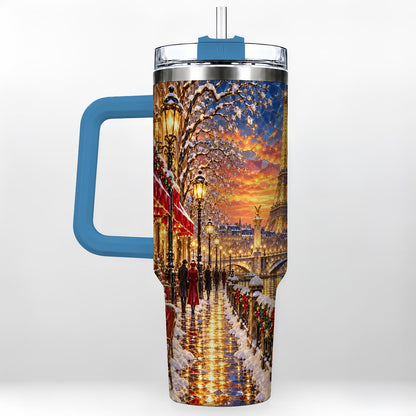 #pl[40oz|Blue] Paris Christmas 40oz Tumbler with Handle, Winter Skyline Art