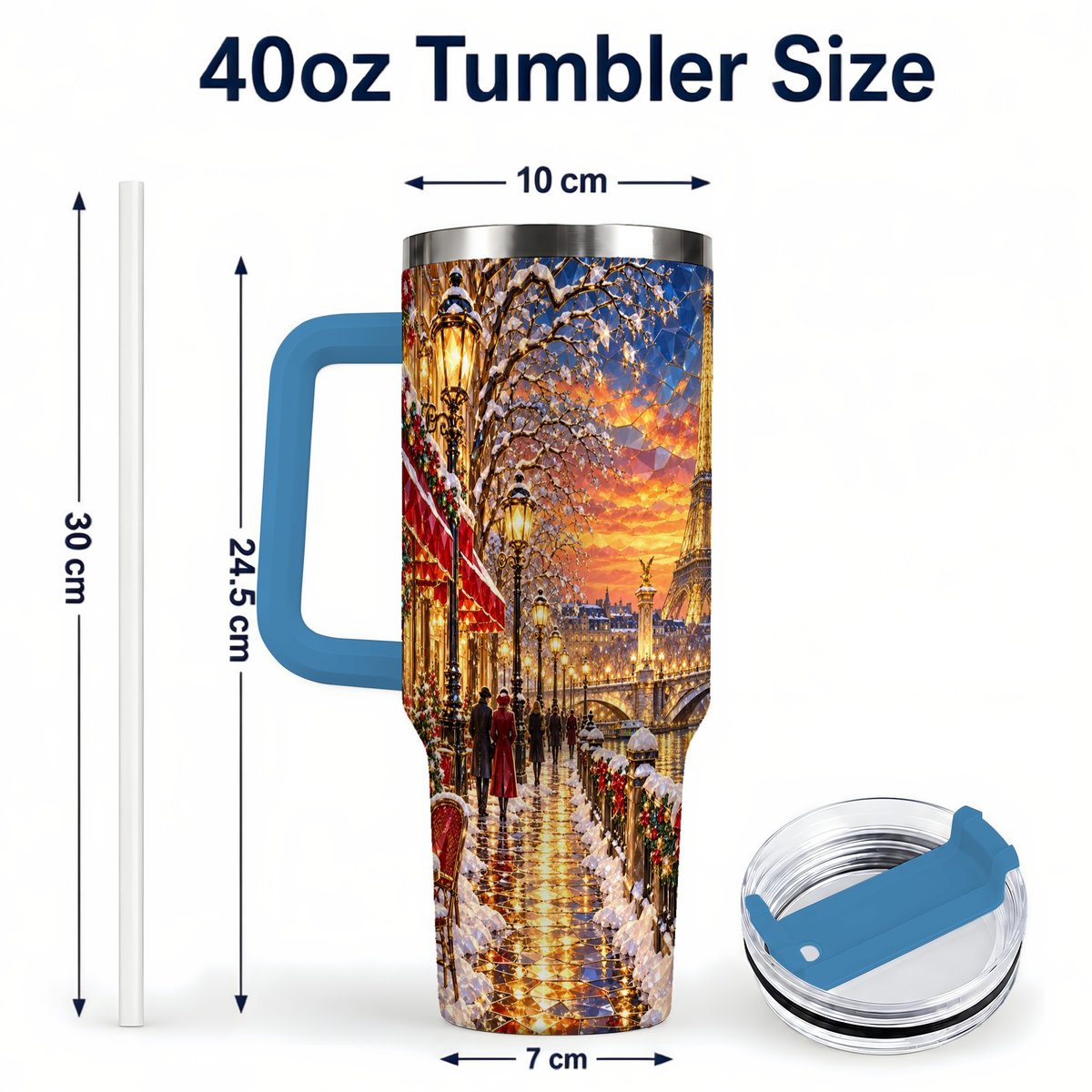 #pl[40oz|Blue] Paris Christmas 40oz Tumbler with Handle, Winter Skyline Art