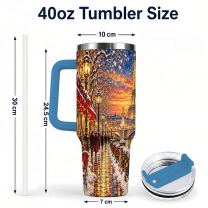#pl[40oz|Blue] Paris Christmas 40oz Tumbler with Handle, Winter Skyline Art