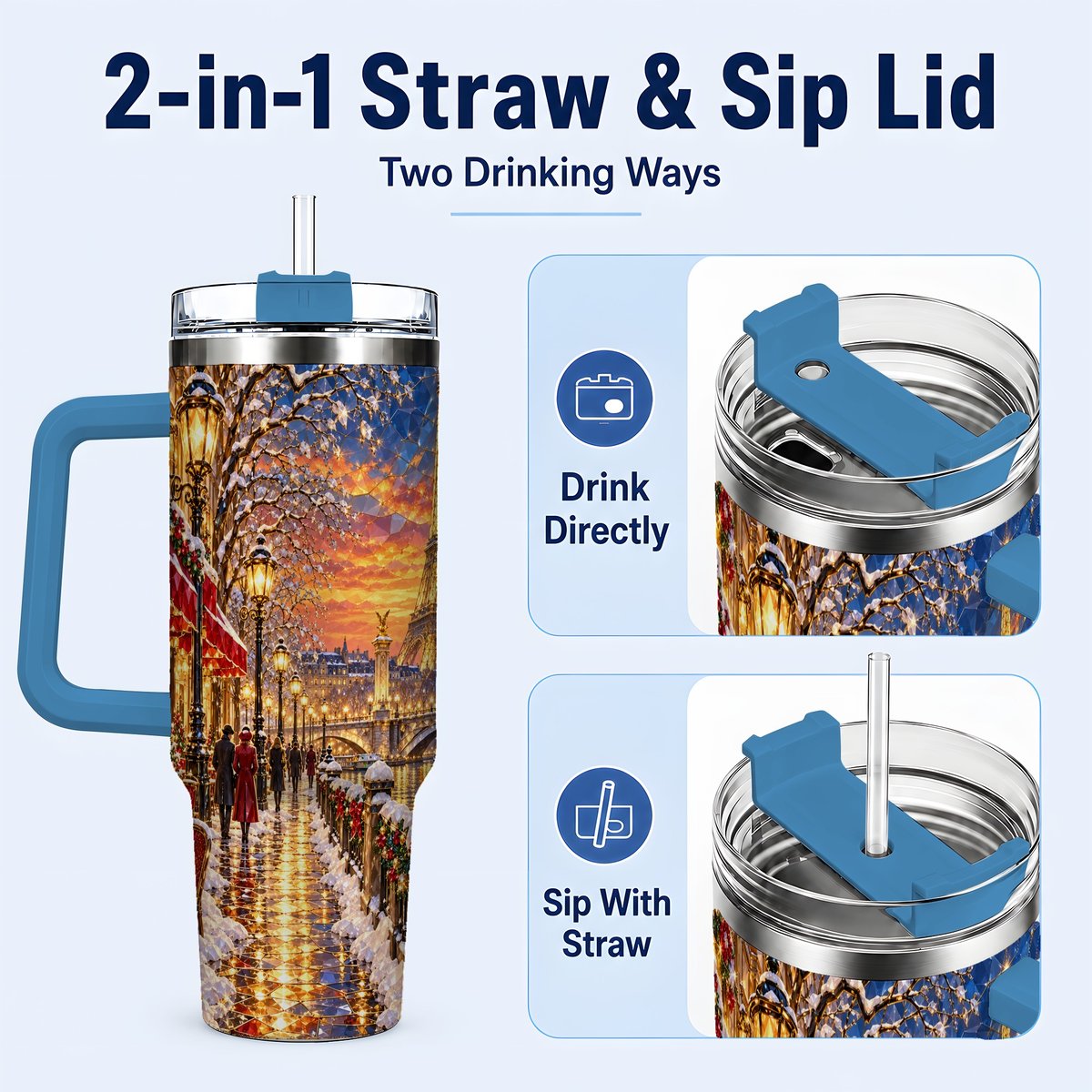 #pl[40oz|Blue] Paris Christmas 40oz Tumbler with Handle, Winter Skyline Art