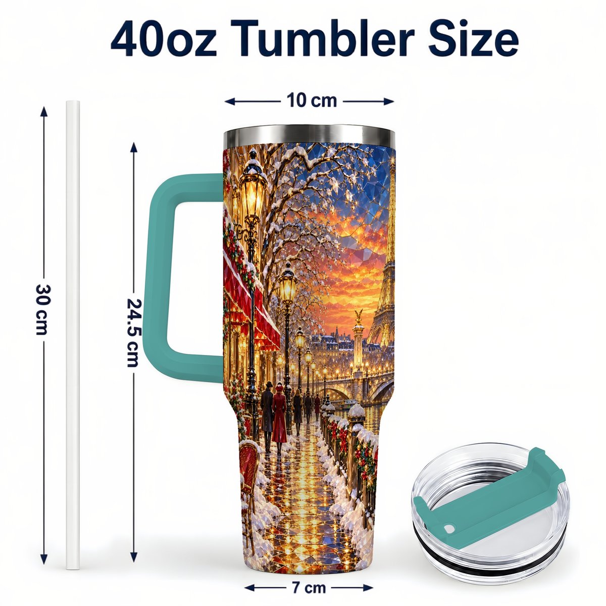#pl[40oz|Green] Paris Christmas 40oz Tumbler with Handle, Winter Skyline Art