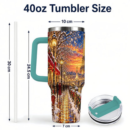 #pl[40oz|Green] Paris Christmas 40oz Tumbler with Handle, Winter Skyline Art