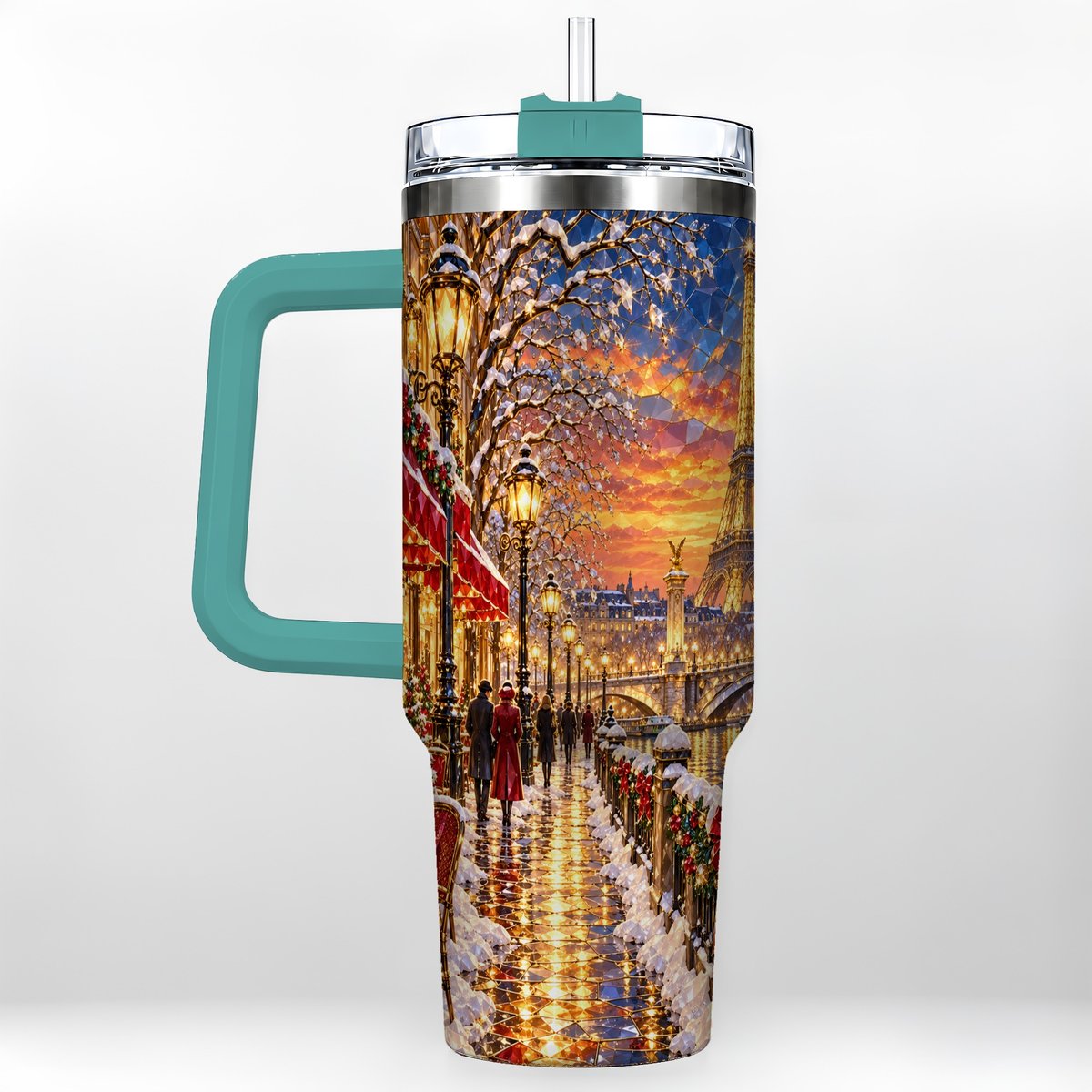 #pl[40oz|Green] Paris Christmas 40oz Tumbler with Handle, Winter Skyline Art