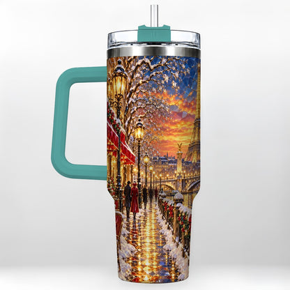 #pl[40oz|Green] Paris Christmas 40oz Tumbler with Handle, Winter Skyline Art