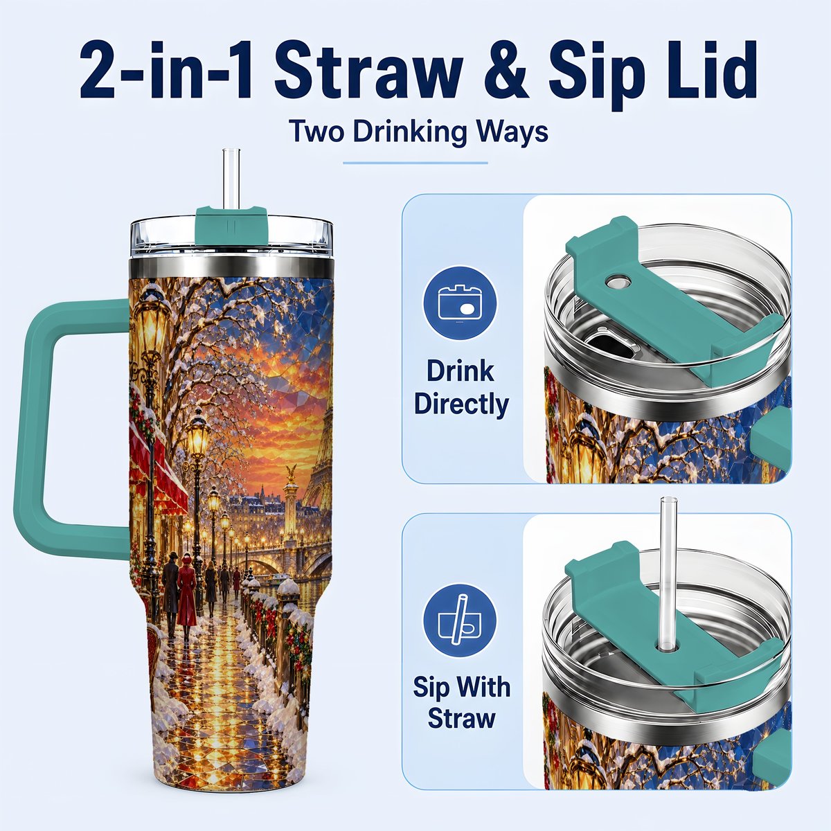#pl[40oz|Green] Paris Christmas 40oz Tumbler with Handle, Winter Skyline Art