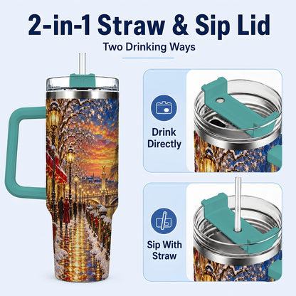 #pl[40oz|Green] Paris Christmas 40oz Tumbler with Handle, Winter Skyline Art