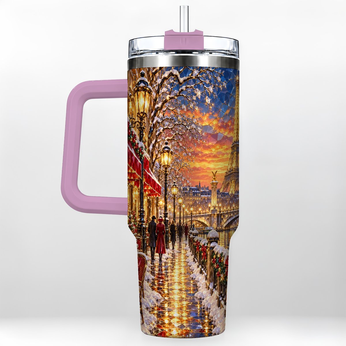 #pl[40oz|Pink] Paris Christmas 40oz Tumbler with Handle, Winter Skyline Art