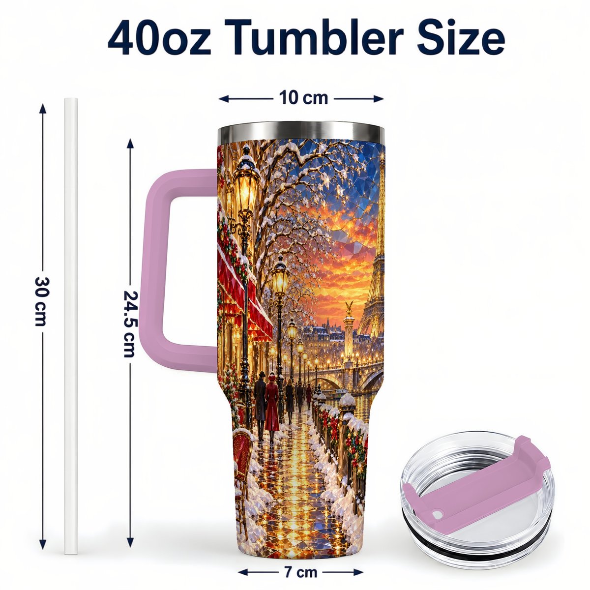 #pl[40oz|Pink] Paris Christmas 40oz Tumbler with Handle, Winter Skyline Art