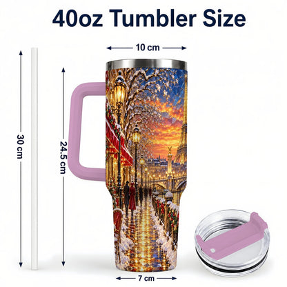 #pl[40oz|Pink] Paris Christmas 40oz Tumbler with Handle, Winter Skyline Art