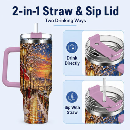 #pl[40oz|Pink] Paris Christmas 40oz Tumbler with Handle, Winter Skyline Art