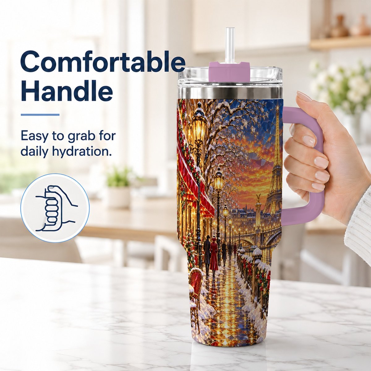 #pl[40oz|Pink] Paris Christmas 40oz Tumbler with Handle, Winter Skyline Art