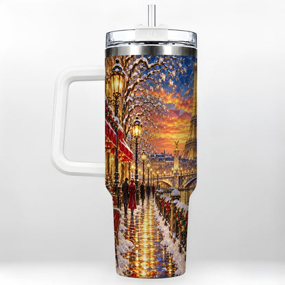Paris Christmas 40oz Tumbler with Handle, Winter Skyline Art