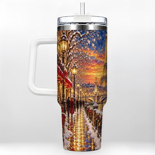 Paris Christmas 40oz Tumbler with Handle, Winter Skyline Art