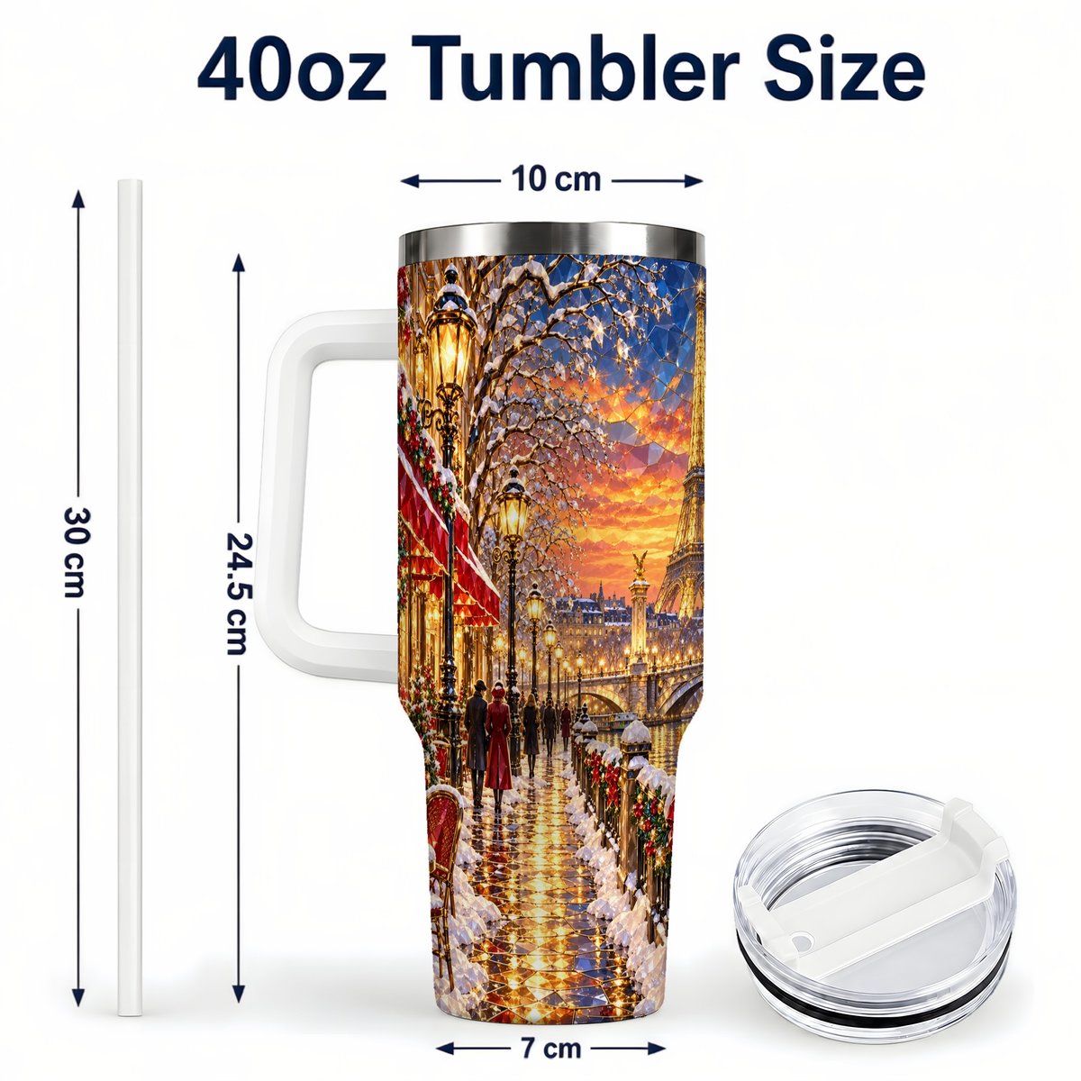#pl[40oz|White] Paris Christmas 40oz Tumbler with Handle, Winter Skyline Art