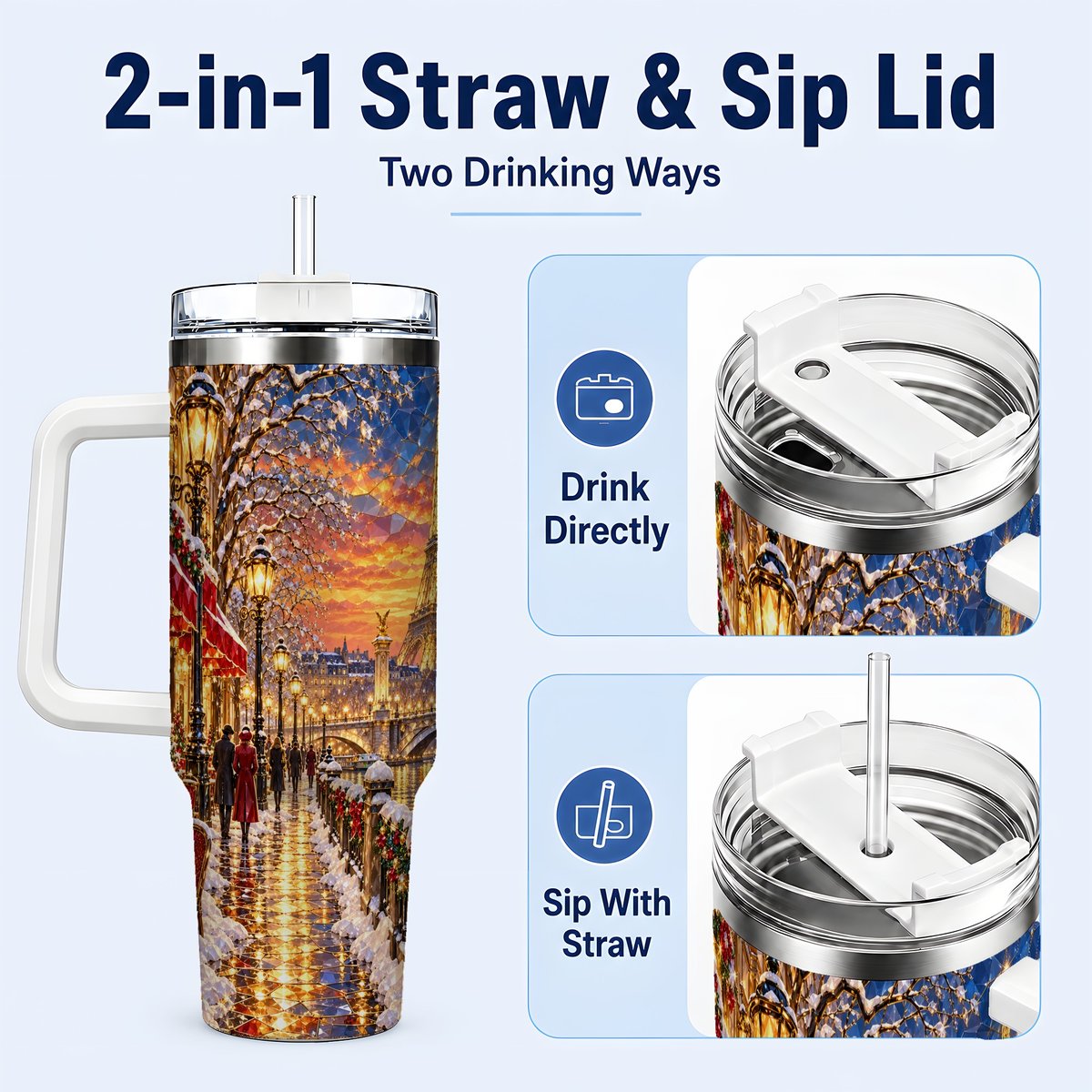 #pl[40oz|White] Paris Christmas 40oz Tumbler with Handle, Winter Skyline Art