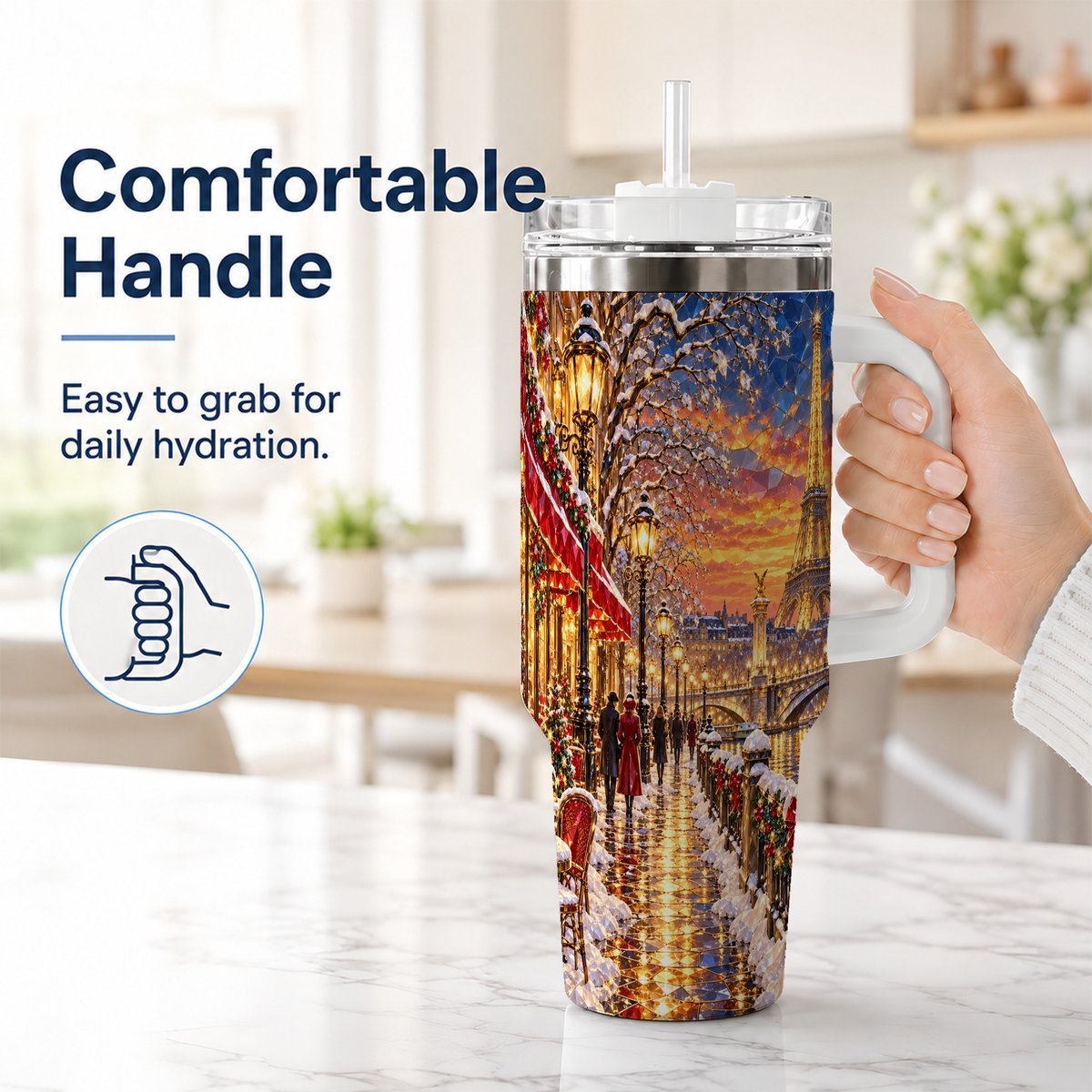 #pl[40oz|White] Paris Christmas 40oz Tumbler with Handle, Winter Skyline Art