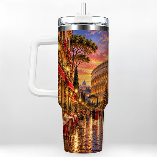 Rome Christmas 40oz Tumbler with Handle, Ancient City Holiday Art
