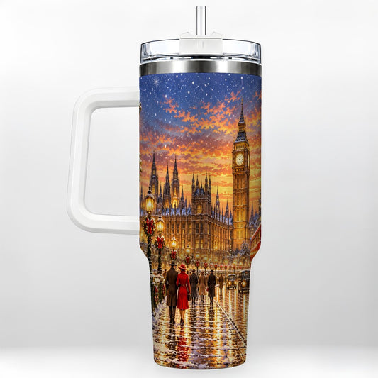 London Christmas 40oz Tumbler with Handle, Winter Cityscape Art