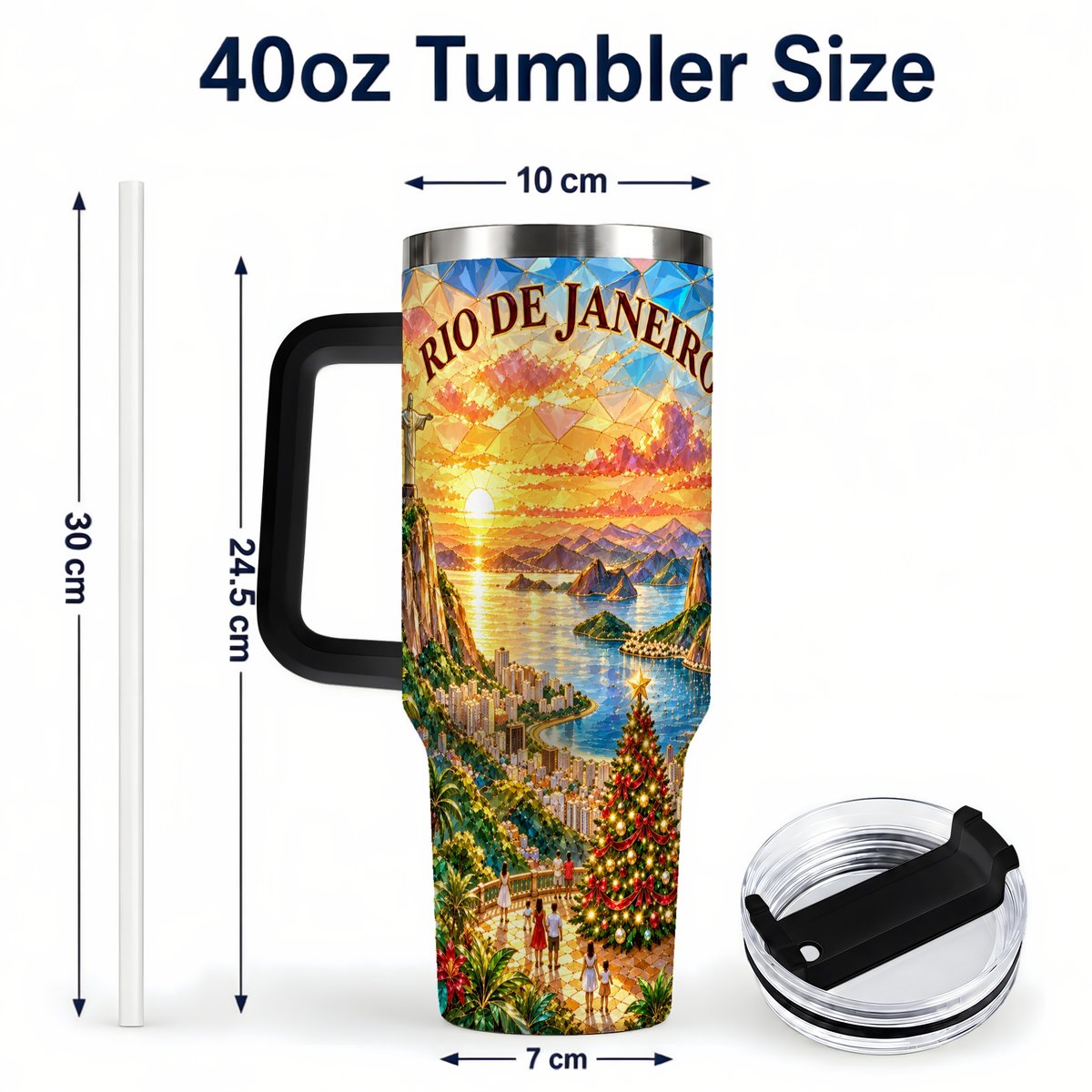 #pl[40oz|Black] Rio Christmas 40oz Tumbler with Handle, Tropical Holiday Art