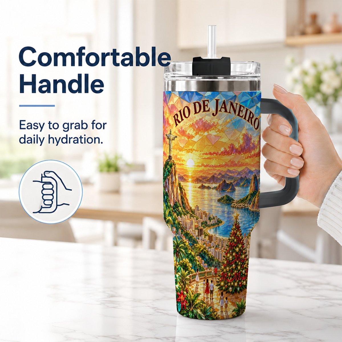 #pl[40oz|Black] Rio Christmas 40oz Tumbler with Handle, Tropical Holiday Art