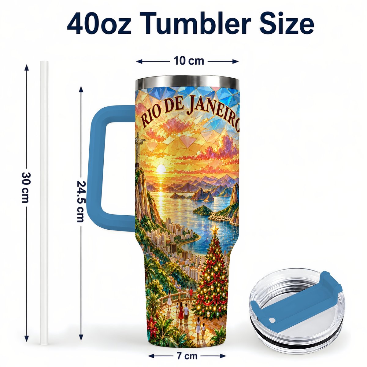 #pl[40oz|Blue] Rio Christmas 40oz Tumbler with Handle, Tropical Holiday Art
