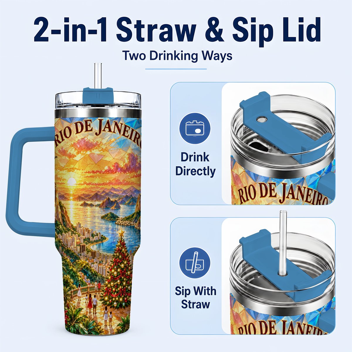 #pl[40oz|Blue] Rio Christmas 40oz Tumbler with Handle, Tropical Holiday Art