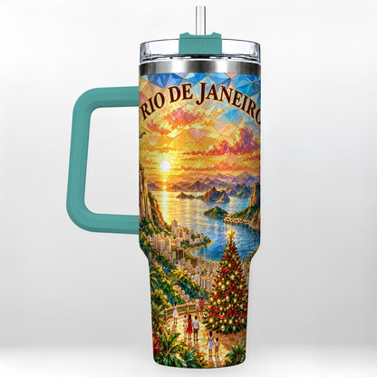 #pl[40oz|Green] Rio Christmas 40oz Tumbler with Handle, Tropical Holiday Art