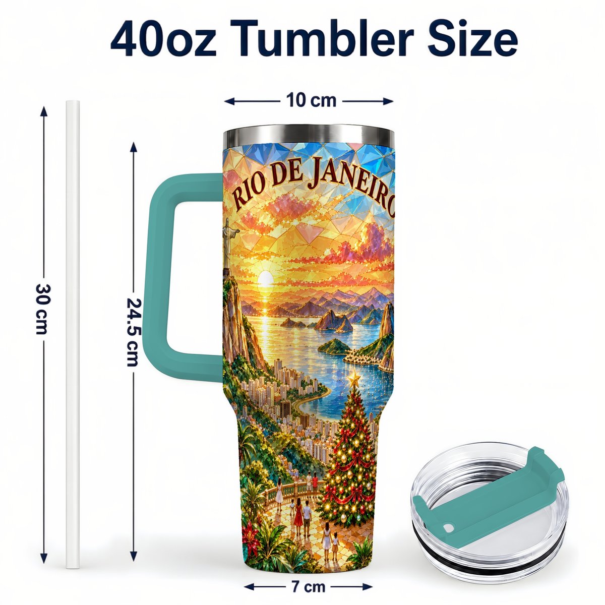 #pl[40oz|Green] Rio Christmas 40oz Tumbler with Handle, Tropical Holiday Art