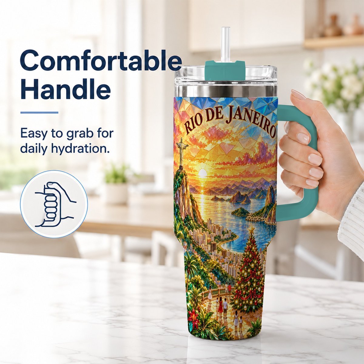 #pl[40oz|Green] Rio Christmas 40oz Tumbler with Handle, Tropical Holiday Art