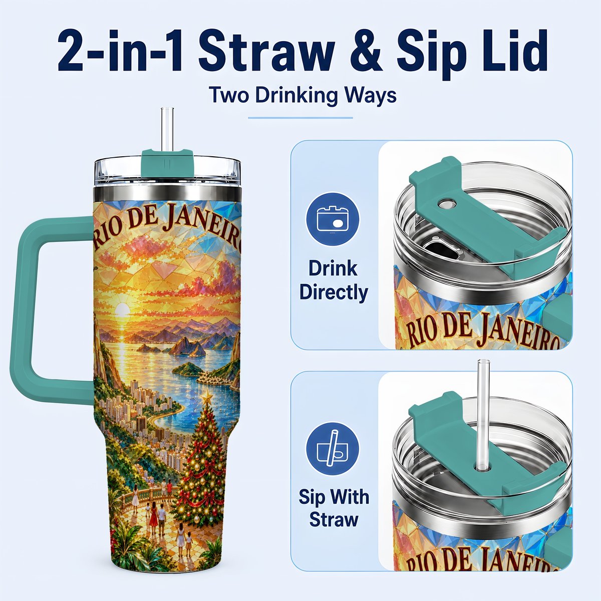 #pl[40oz|Green] Rio Christmas 40oz Tumbler with Handle, Tropical Holiday Art