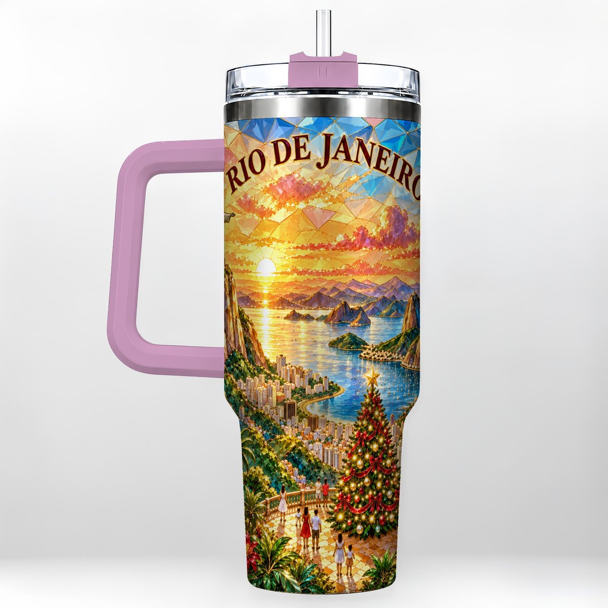 #pl[40oz|Pink] Rio Christmas 40oz Tumbler with Handle, Tropical Holiday Art